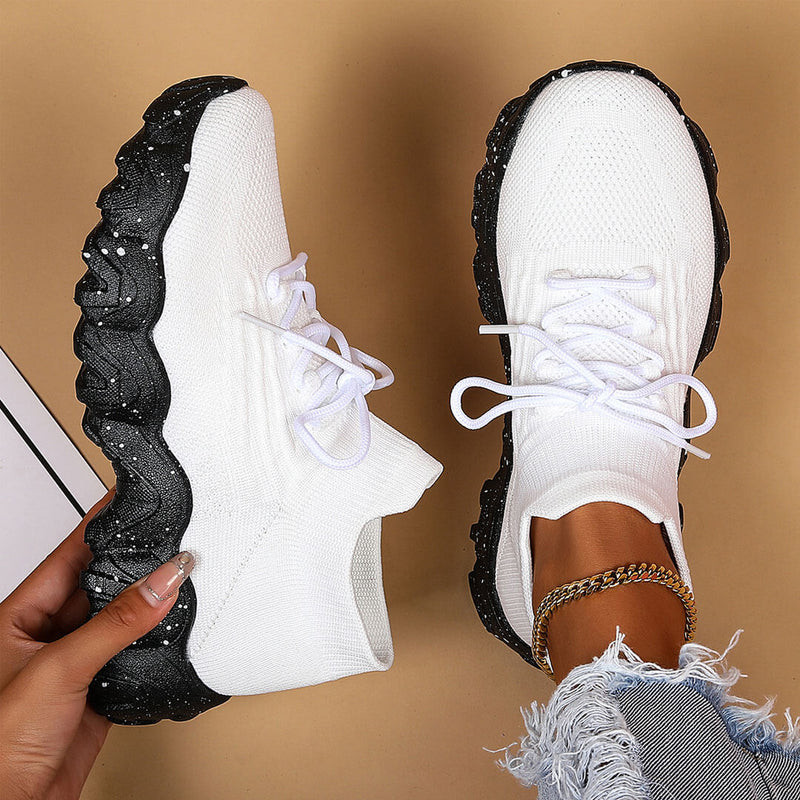 Ultra Comfort Wavy Chunky Sole Breathable Lace Up Knit Sneakers