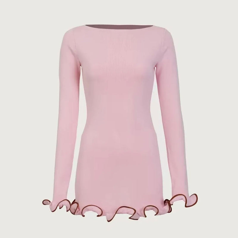 Unique Boat Neck Long Sleeve Contrast Ruffle Hem Rib Knit Sweater Mini Dress