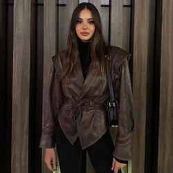 Unique Strong Shoulder One Button Belted Oversize Faux Leather Jacket