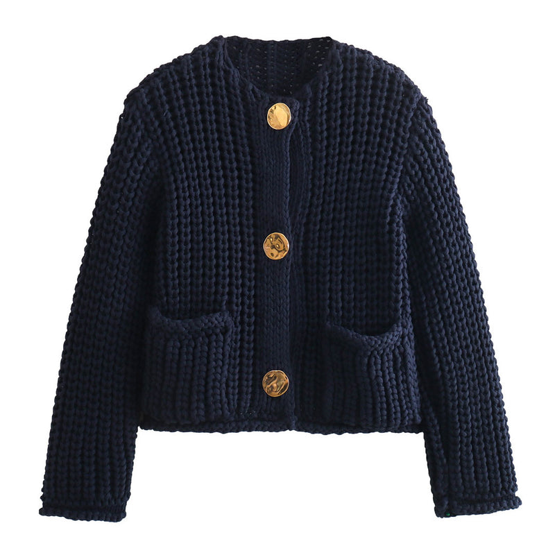 Vintage Crew Neck Gold Button Long Sleeve Chunky Cable Knit Cardigan