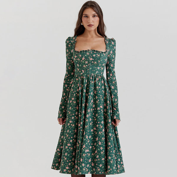 Vintage Floral Printed Puff Sleeve Garden Party Midi Dress - Emerald Green