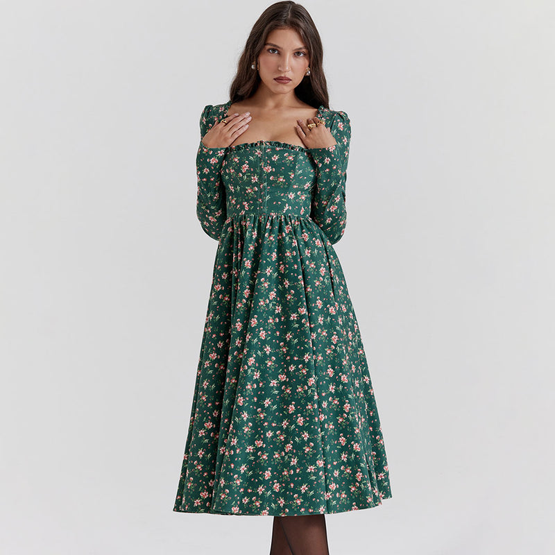 Vintage Floral Printed Puff Sleeve Garden Party Midi Dress - Emerald Green