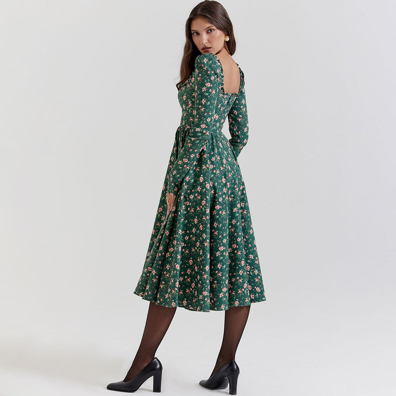 Vintage Floral Printed Puff Sleeve Garden Party Midi Dress - Emerald Green