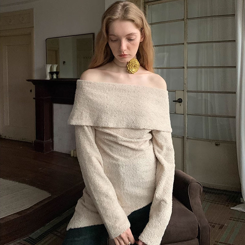 Vintage Foldover Off Shoulder Long Sleeve Asymmetrical Textured Sweater - Apricot