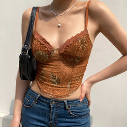 Vintage Lacy Sweetheart Neck Floral Printed Sheer Mesh Crop Tank Top - Brown