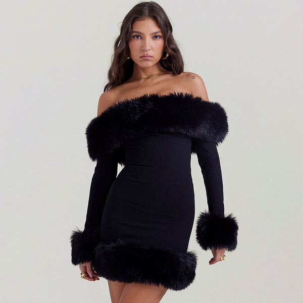 Vintage Off Shoulder Faux Fur Trim Bodycon Mini Party Dress - Black
