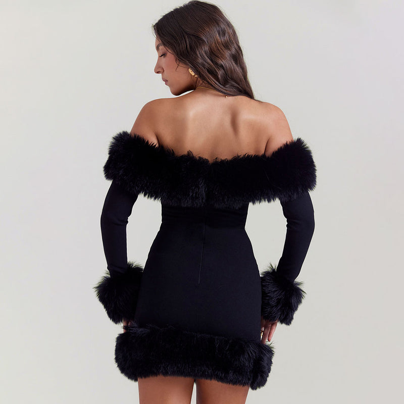 Vintage Off Shoulder Faux Fur Trim Bodycon Mini Party Dress - Black