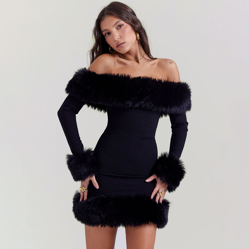 Vintage Off Shoulder Faux Fur Trim Bodycon Mini Party Dress - Black