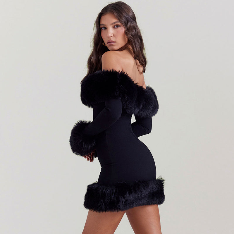 Vintage Off Shoulder Faux Fur Trim Bodycon Mini Party Dress - Black