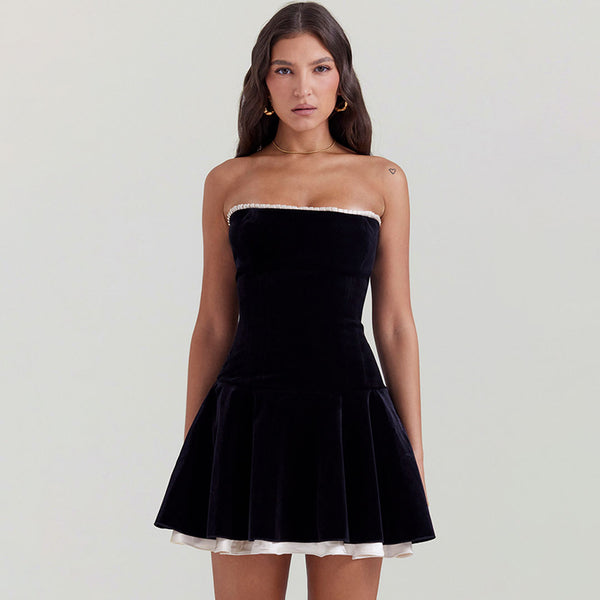Vintage Pleated Lace Up Strapless Corset Velvet Mini Party Dress - Black