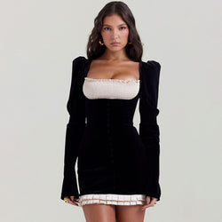 Vintage Pleated Puff Sleeve Satin Velvet Corset Mini Party Dress - Black