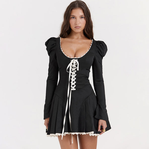 Vintage Scoop Neck Lace Up Puff Sleeve Pleated Hem Mini Party Dress - Black