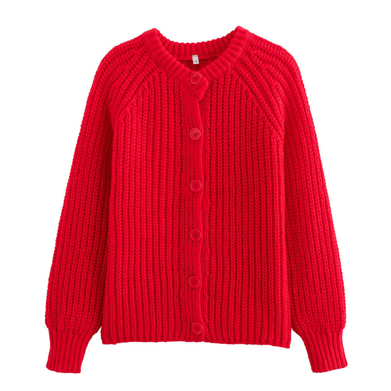 Vintage Solid Color Crew Neck Bishop Sleeve Button Up Textured Knit Cardigan