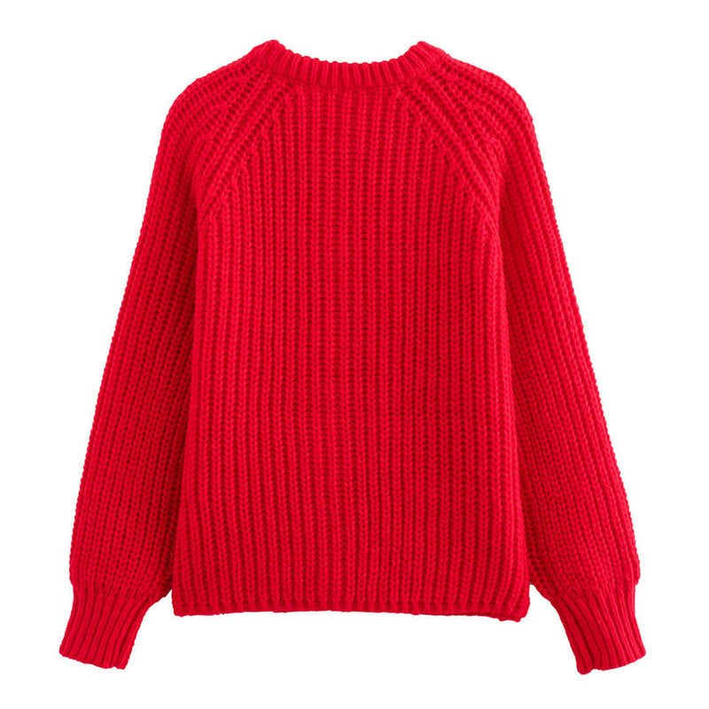 Vintage Solid Color Crew Neck Bishop Sleeve Button Up Textured Knit Cardigan
