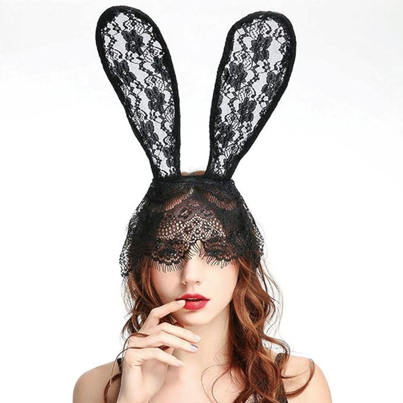 Vintage Style Halloween Party Eyelash Sheer Lace Bunny Ears Headband - Red