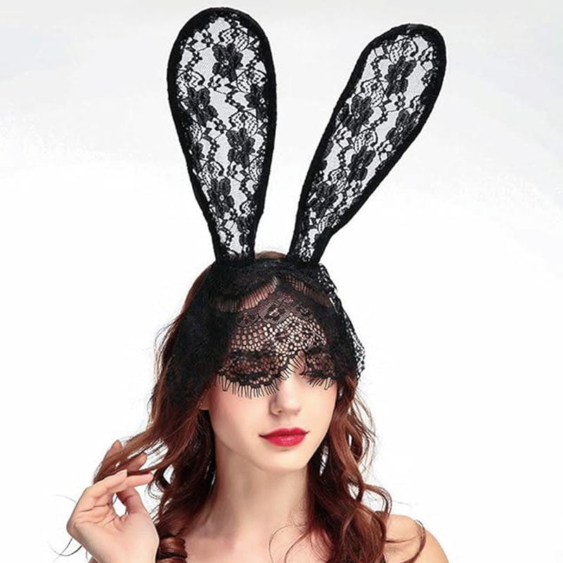 Vintage Style Halloween Party Eyelash Sheer Lace Bunny Ears Headband - Black