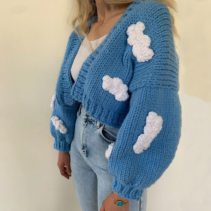 Cute Cloud Studded Bishop Sleeve Open Front Cardigan - Blue