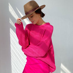 Oversized Ribbed Candy Color Crewneck Pullover Sweater - Rose