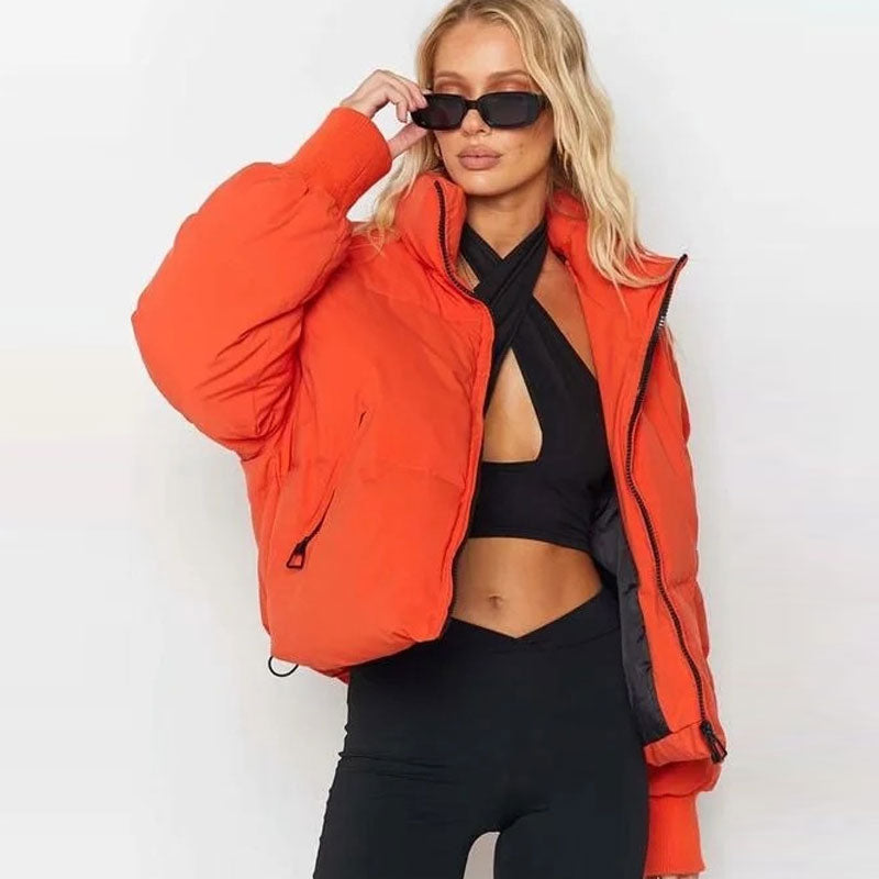 Oversized Stand Collar Side Pocket Zip Front Long Sleeve Puffer Jacket - Burnt Orange