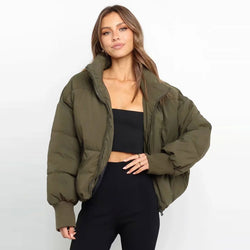 Oversized Stand Collar Side Pocket Zip Front Long Sleeve Puffer Jacket - Army Green