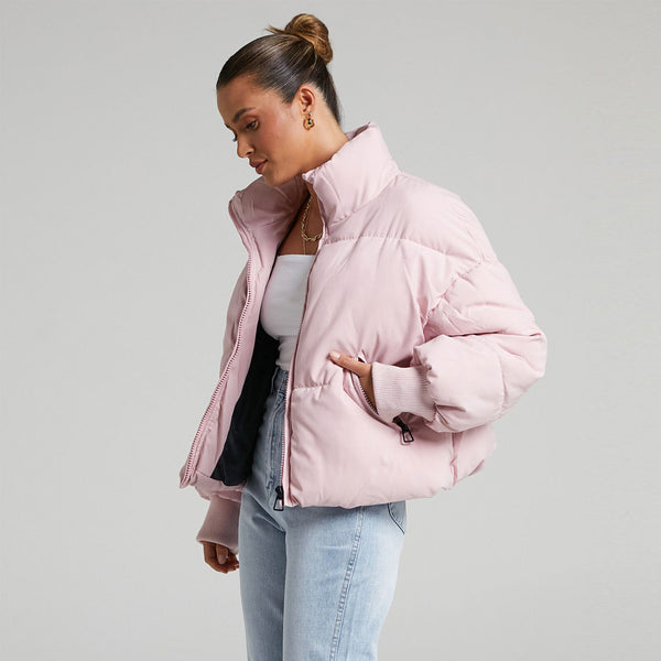 Oversized Stand Collar Side Pocket Zip Front Long Sleeve Puffer Jacket - Pink