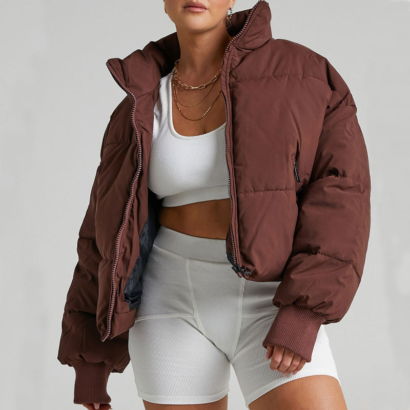 Oversized Stand Collar Side Pocket Zip Front Long Sleeve Puffer Jacket - Coffee