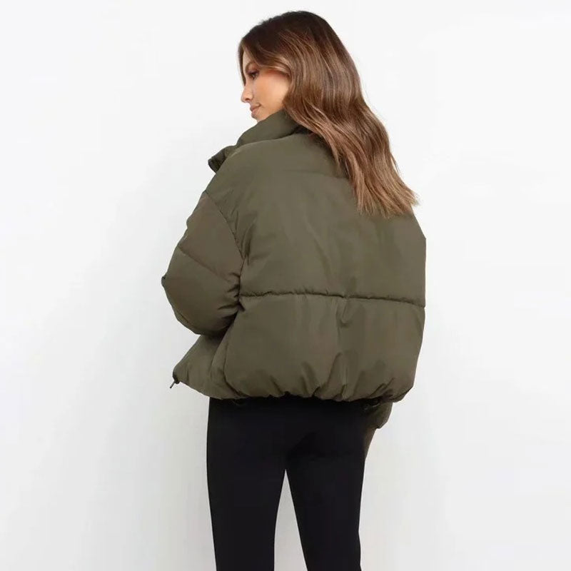 Oversized Stand Collar Side Pocket Zip Front Long Sleeve Puffer Jacket - Army Green