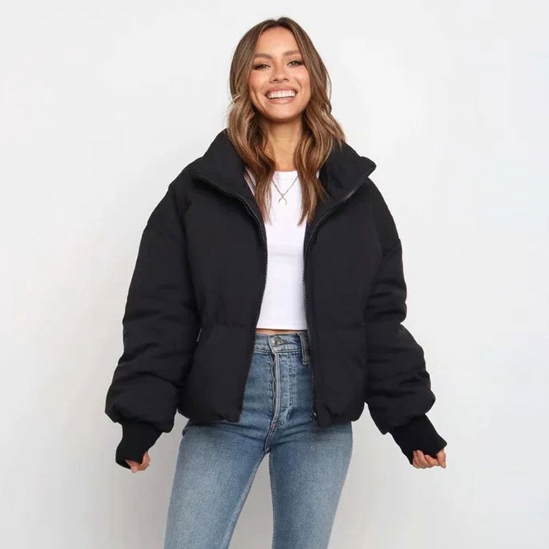 Oversized Stand Collar Side Pocket Zip Front Long Sleeve Puffer Jacket - Black