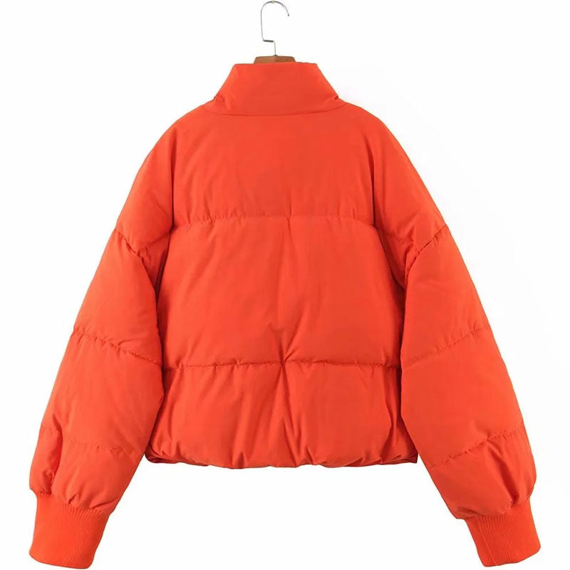 Oversized Stand Collar Side Pocket Zip Front Long Sleeve Puffer Jacket - Burnt Orange
