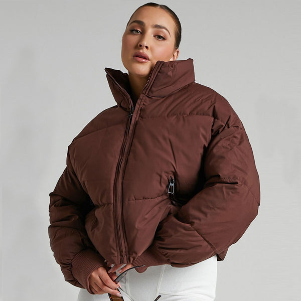 Oversized Stand Collar Side Pocket Zip Front Long Sleeve Puffer Jacket - Coffee