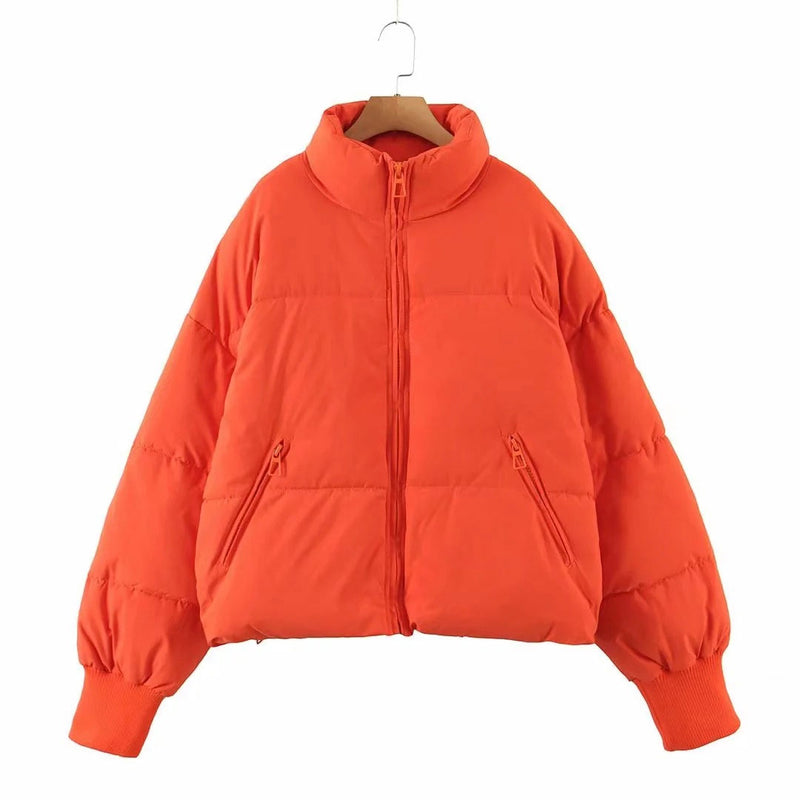 Oversized Stand Collar Side Pocket Zip Front Long Sleeve Puffer Jacket - Burnt Orange