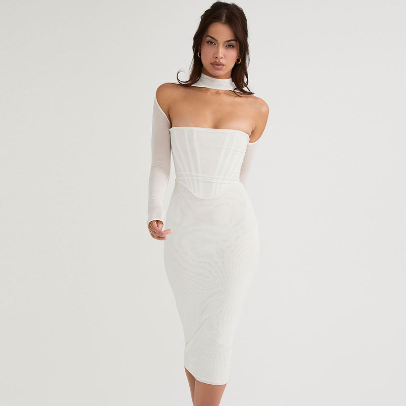 Sexy Cut Out Long Sleeve Mesh Bodycon Cocktail Midi Dress - White
