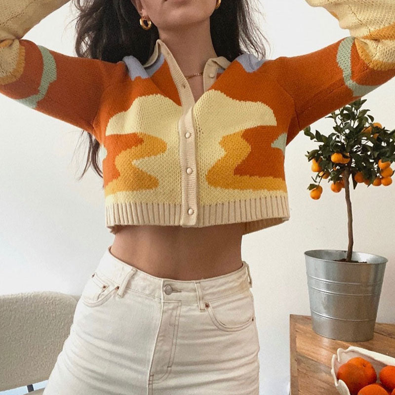 Abstract Sunset Pattern Collared Long Sleeve Cropped Cardigan - Orange