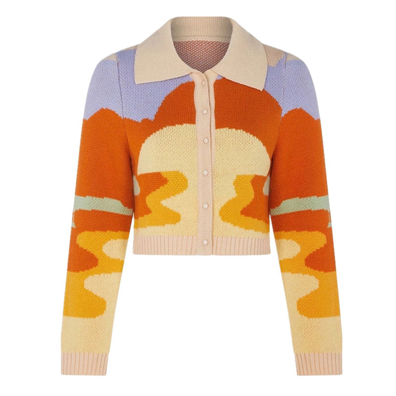 Abstract Sunset Pattern Collared Long Sleeve Cropped Cardigan - Orange