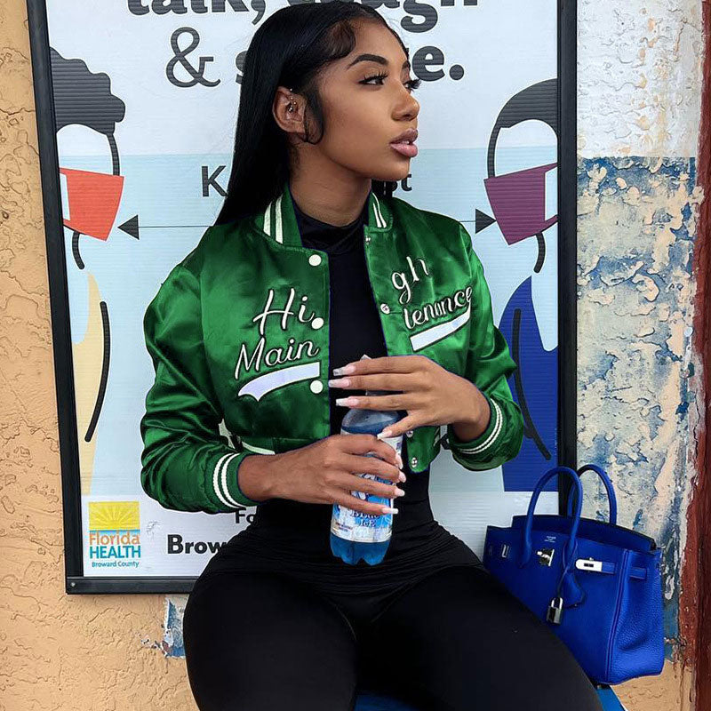 Active Letter Print Button Up Cropped Varsity Bomber Jacket - Emerald –  Trendy & Unique