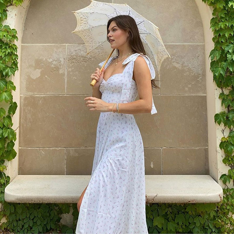 Trendy Unique Adorable Daisy Printed High Slit A Line Slip Midi Sundress White M White