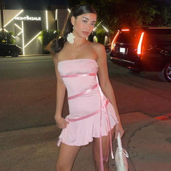 Adorable Solid Color Ribbon trim Ruffle Hem Strapless Mini Dress - Pink