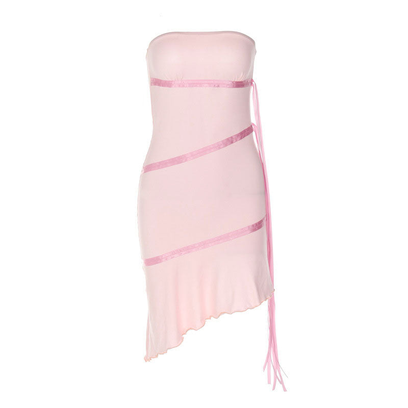 Adorable Solid Color Ribbon trim Ruffle Hem Strapless Mini Dress - Pink