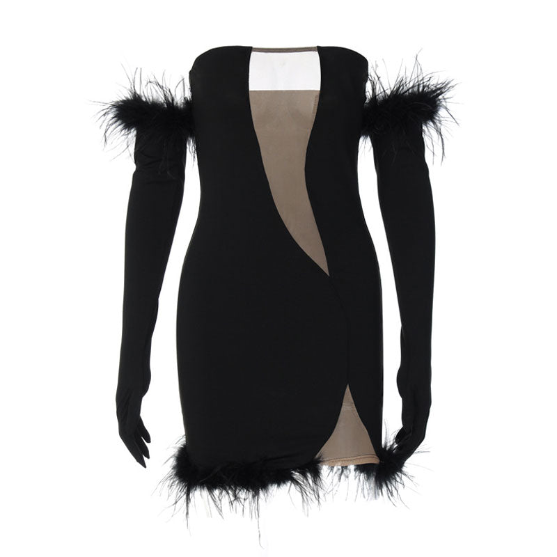 Alluring Sheer Mesh Trim Feather Glove Bandeau Party Mini Dress - Black
