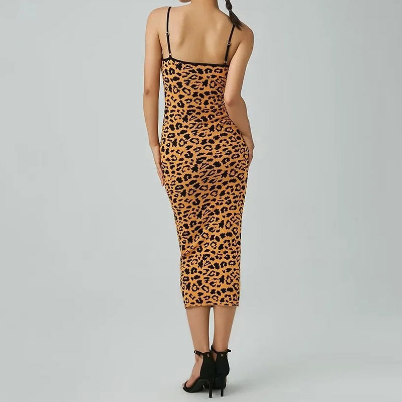 Alluring Sleeveless Bodycon Leopard Sweater Midi Dress - Leopard