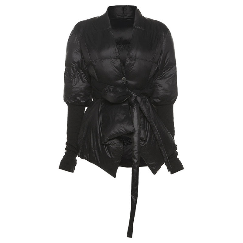 Asymmetric Deep V Shawl Collar Button Up Bishop Sleeve Puffer Jacket - Black