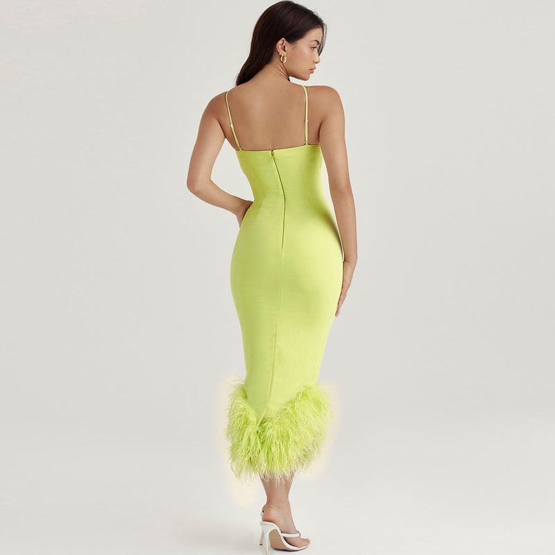 Asymmetric Feather Trim Sleeveless Bodycon Cocktail Midi Dress - Lime Green