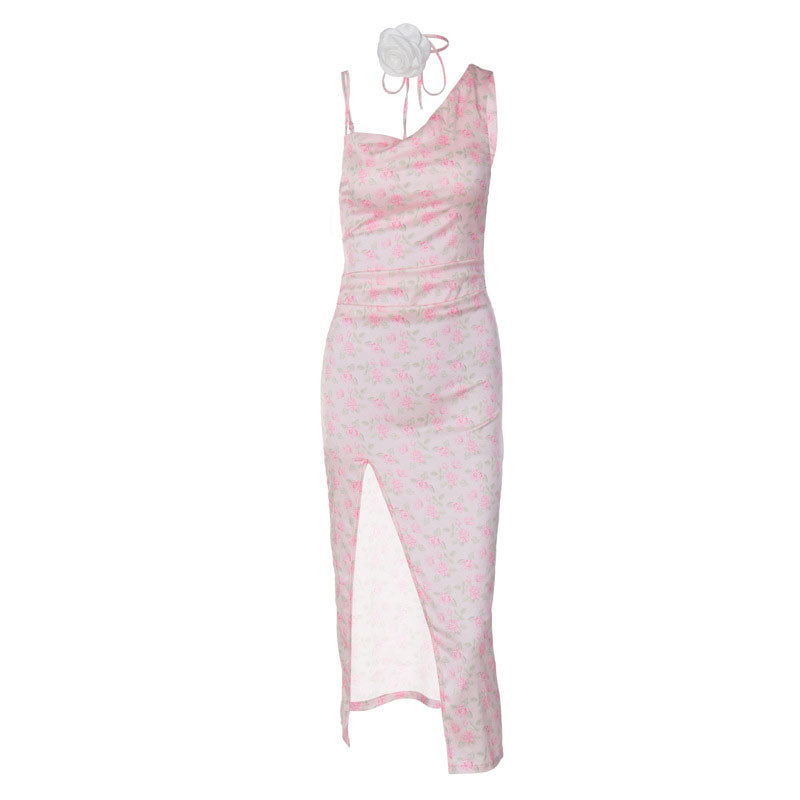 Asymmetric Flower Print Cowl Neck Sleeveless High Slit Midi Sundress - Pink