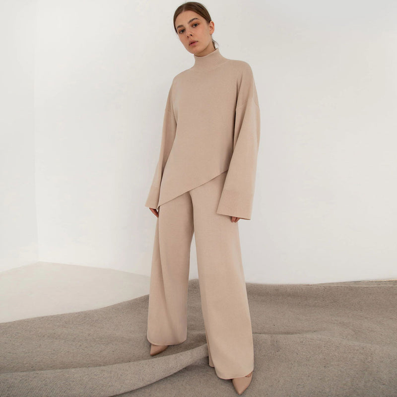 Asymmetric High Neck Bell Sleeve Sweater Wide Leg Pants Matching