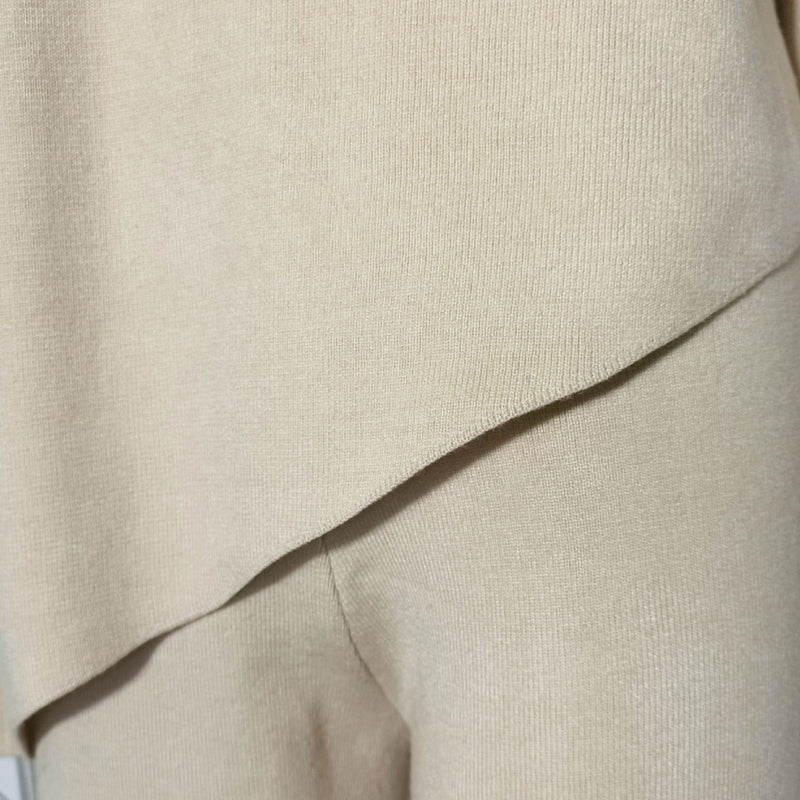 Asymmetric High Neck Bell Sleeve Sweater Wide Leg Pants Matching Set - Apricot