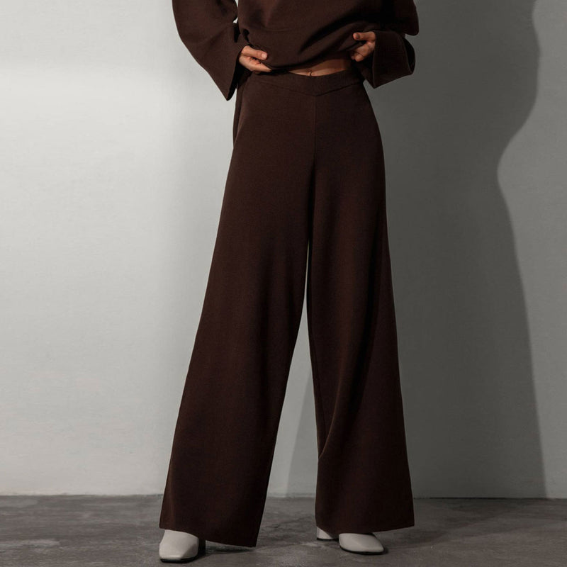 Asymmetric High Neck Bell Sleeve Sweater Wide Leg Pants Matching Set - Chestnut