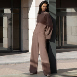 Asymmetric High Neck Bell Sleeve Sweater Wide Leg Pants Matching Set - Caramel