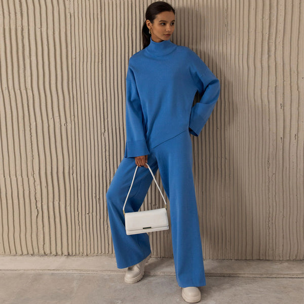 Asymmetric High Neck Bell Sleeve Sweater Wide Leg Pants Matching Set - Royal Blue