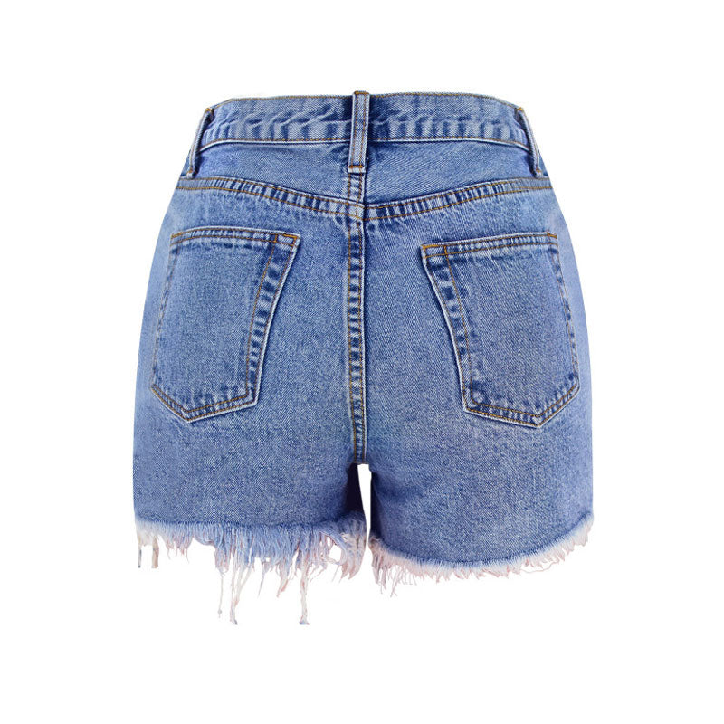 Asymmetric High Waist Cut Out Distressed Denim Shorts - Blue