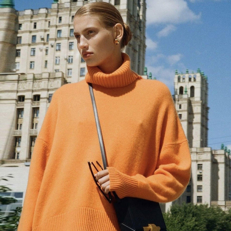 Asymmetric Rib Trim Turtleneck Long Sleeve Oversized Pullover Sweater - Orange